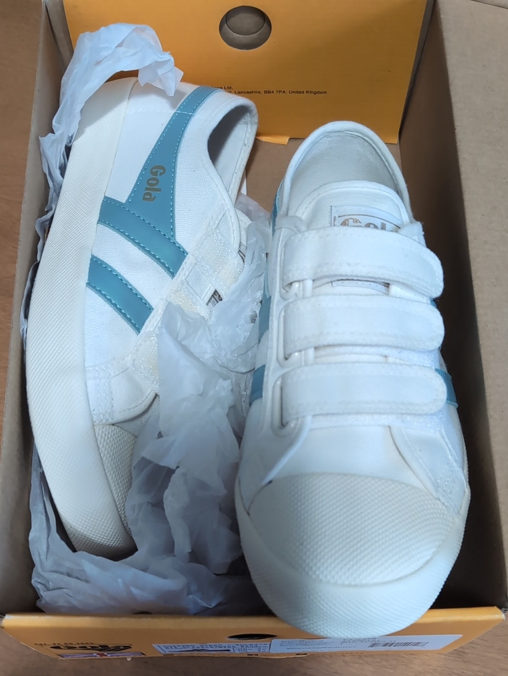 Gola Women's White Sneakers with Light Blue Stripes and Velcro